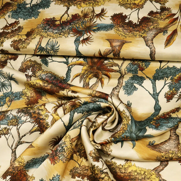 Deadstock | Javanaise Viskose Satin | Bäume | beige-braun || 100 % Viskose