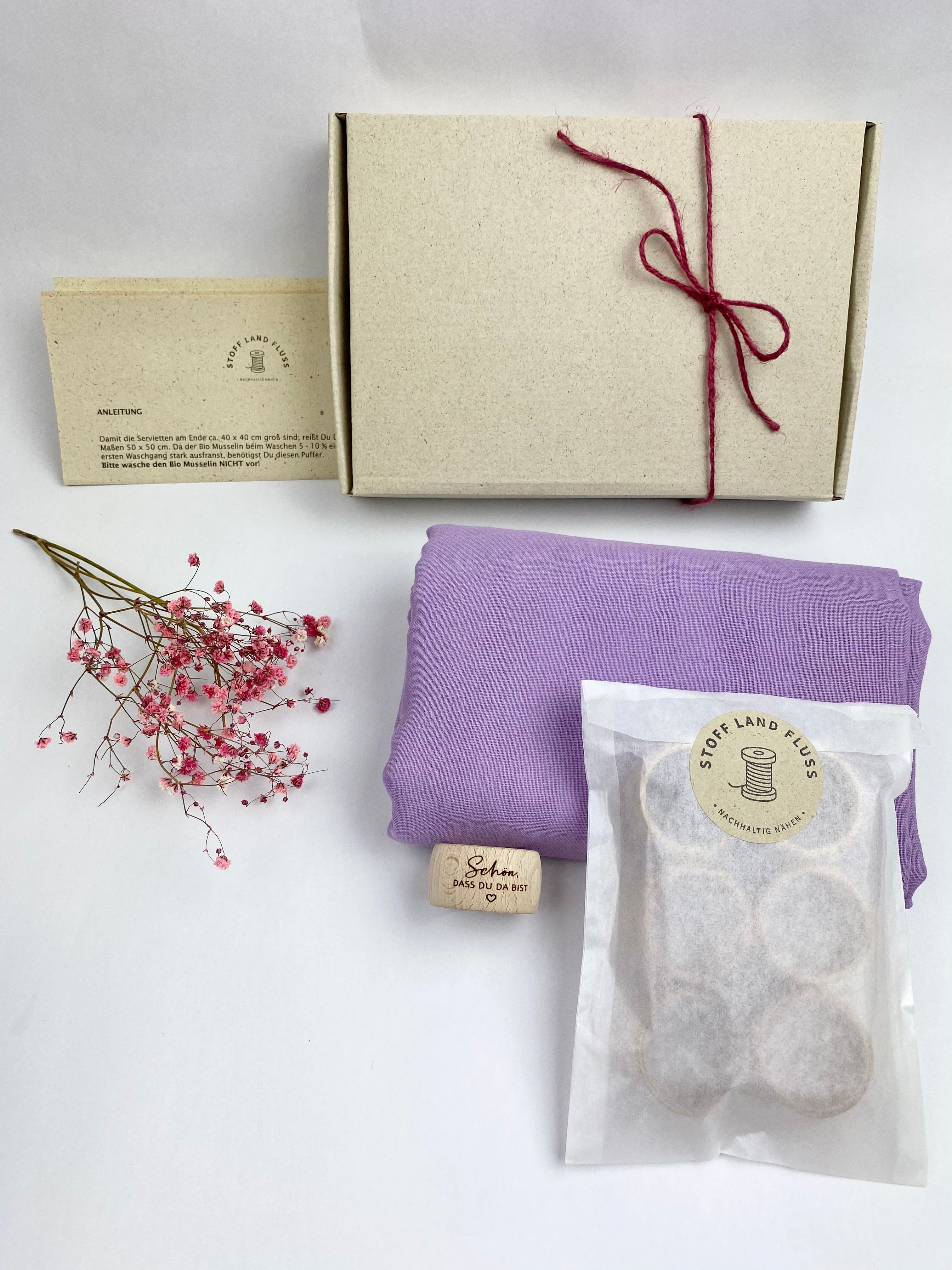 Includes instructions, 1 m organic muslin, 6 napkin rings